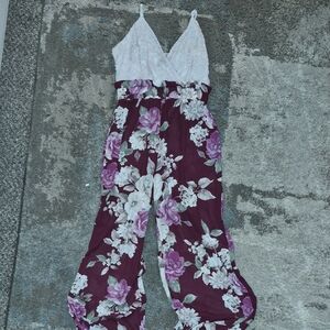 Rue21 White Lace and Purple Floral Jumpsuit